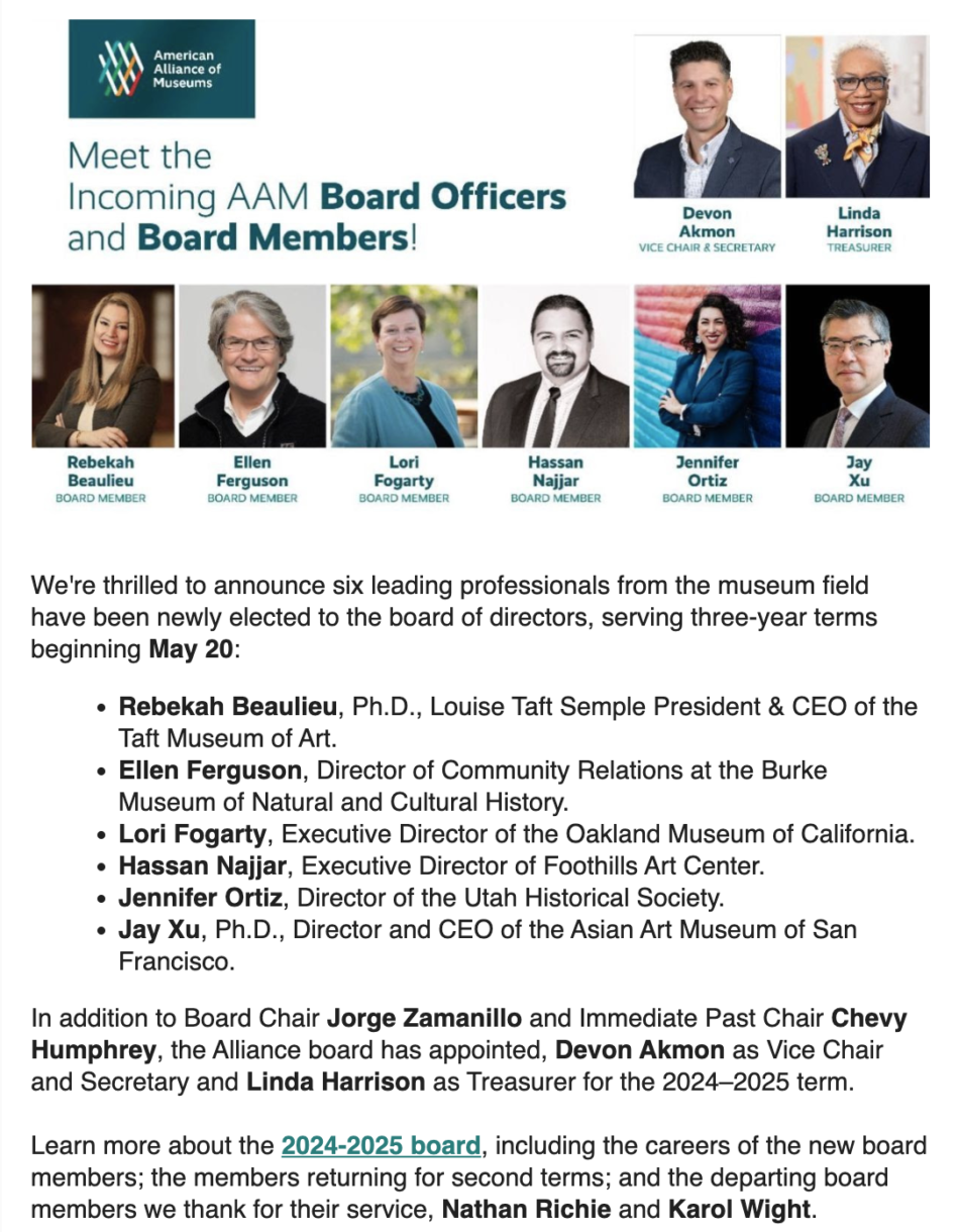 Screenshot of an American Alliance of Museums' enewsletter announcing new board members and officers of the board for the upcoming year, 2024-2025.